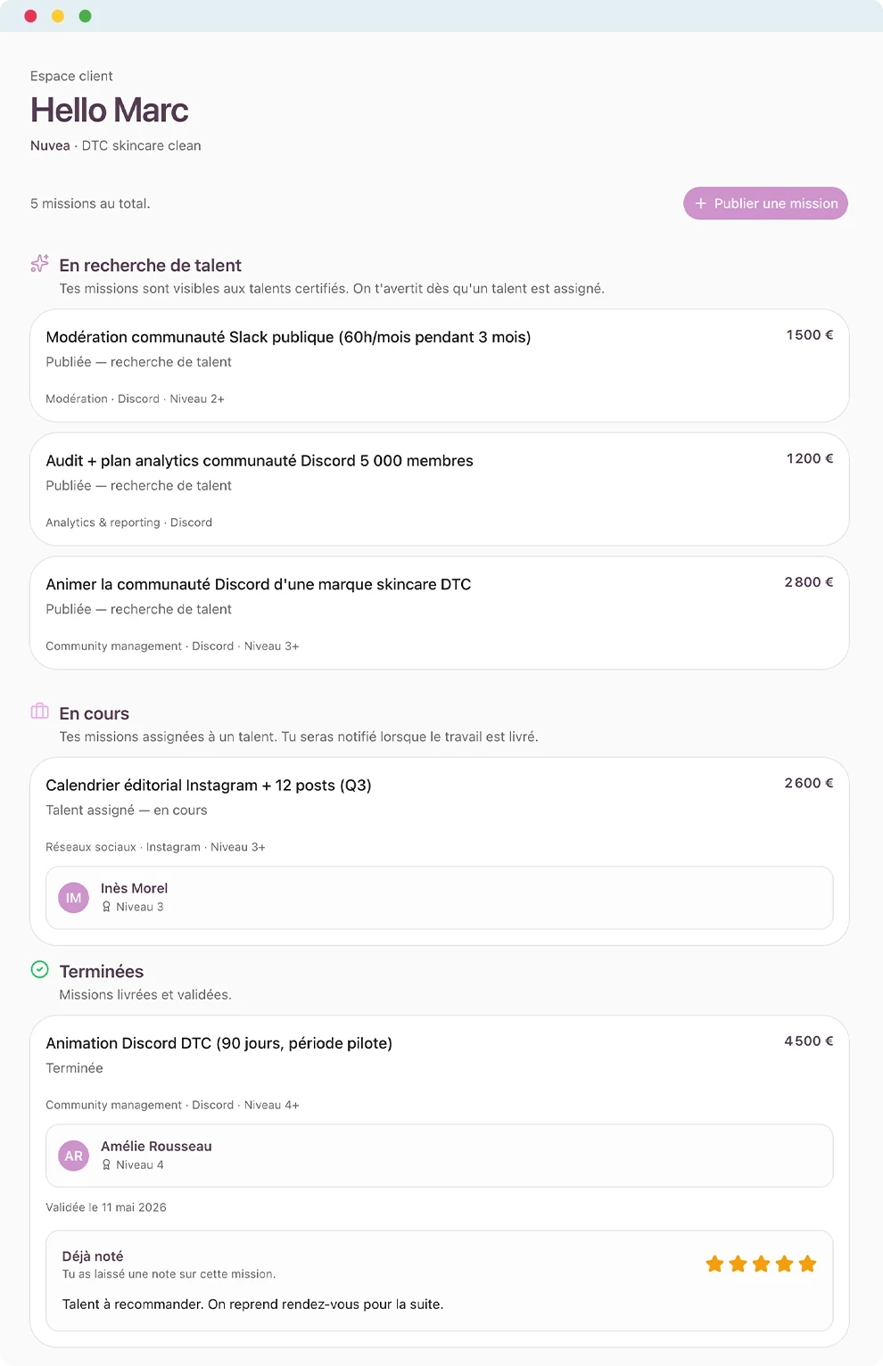 Espace client LEVELSAR — vue d'ensemble de tes missions par statut, talent assigné, validation en temps réel.