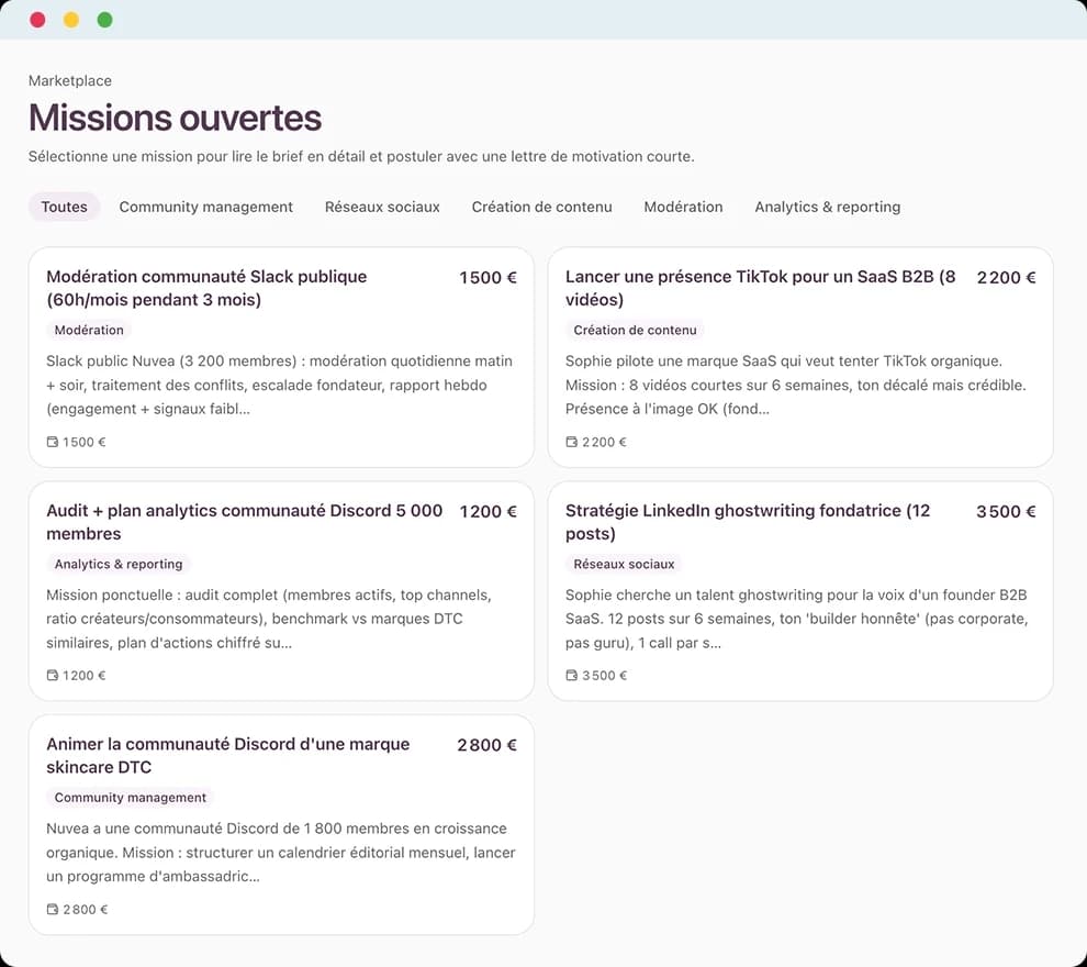 Marketplace de missions LEVELSAR — talents certifiés qui candidatent.